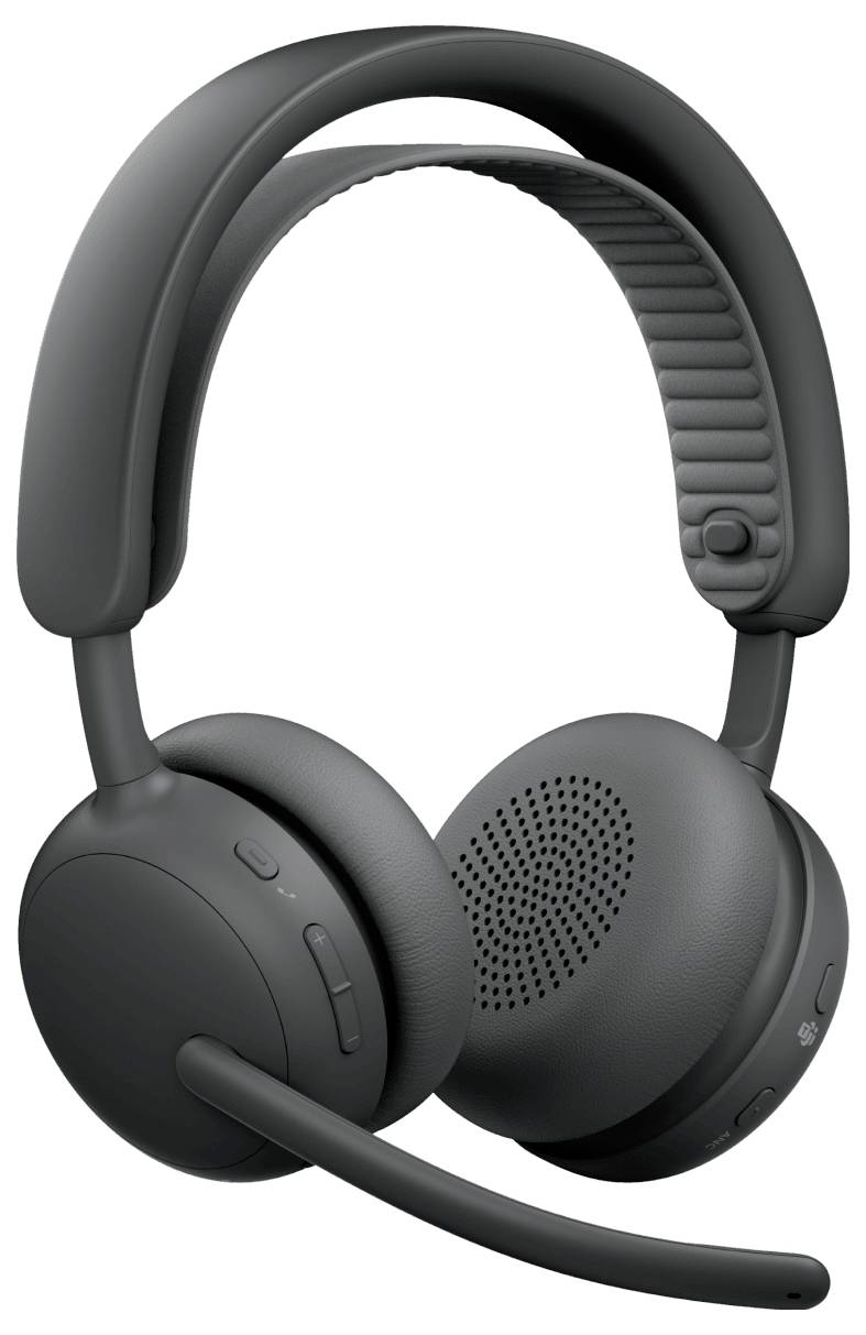 Zwarte draadloze over-ear koptelefoon met boommicrofoon en gevoerde hoofdband, weergegeven op een witte achtergrond.