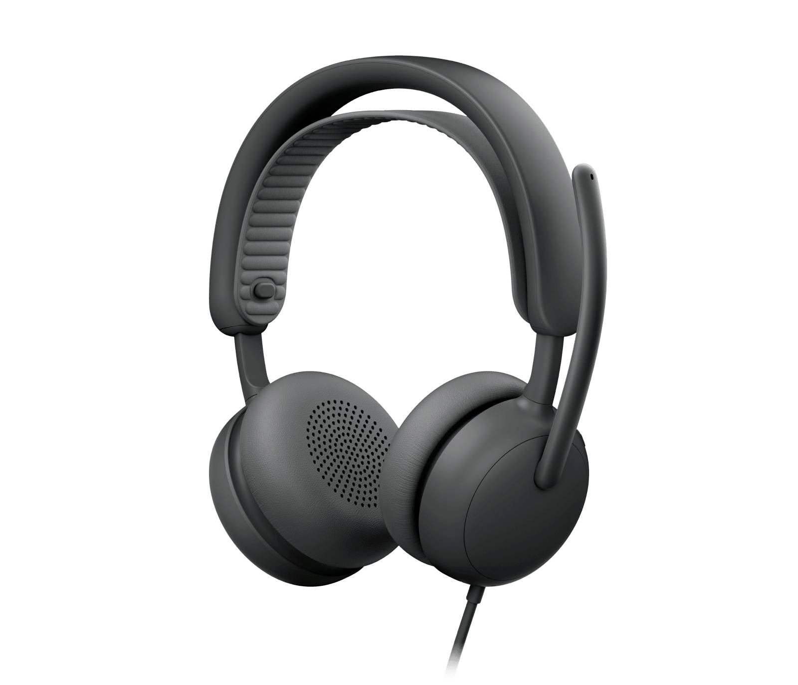Zwarte over-ear koptelefoon met gevoerde hoofdband en ingebouwde microfoon, weergegeven op een witte achtergrond.