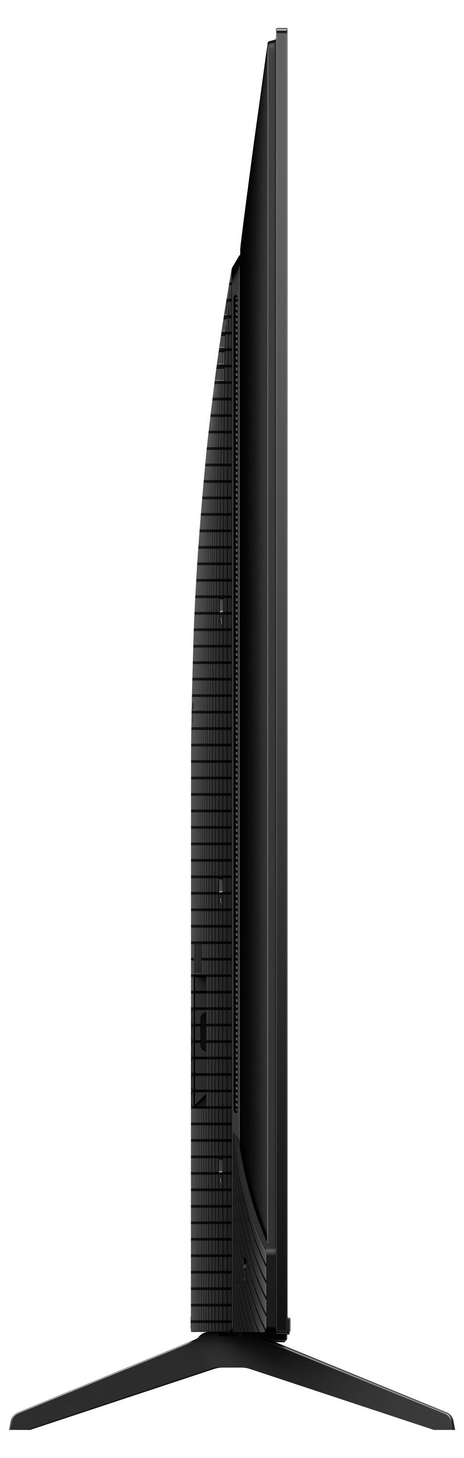 Een zijkant van een modern, ultradun televisietoestel met standaard, dat het dunne ontwerp en minimalistische stijl toont.