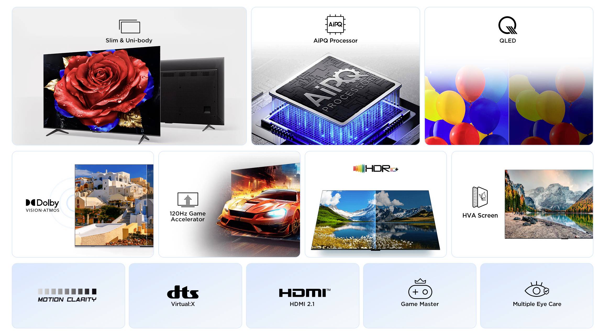 Afbeelding met TV-functies: slank ontwerp, AI-processor, QLED, Dolby Vision, 120Hz-gameversneller, HDR10+, HVA-scherm en HDMI 2.1.