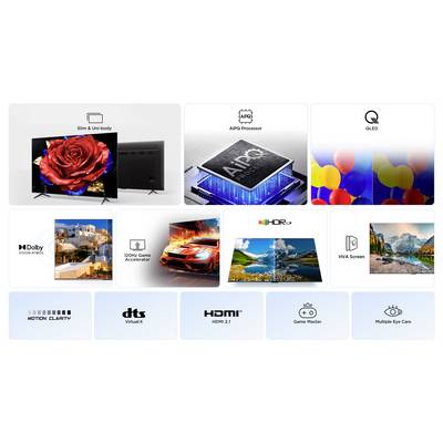 Afbeelding met TV-functies: slank ontwerp, AI-processor, QLED, Dolby Vision, 120Hz-gameversneller, HDR10+, HVA-scherm en HDMI 2.1.