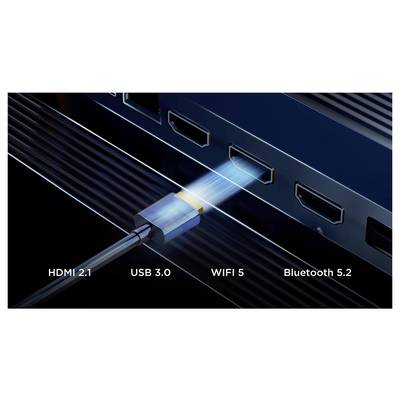 'Een kabel die aansluit op een poort met het label WIFI 5 op een apparaat, met nabijgelegen poorten met labels HDMI 2.1, USB 3.0 en Bluetooth 5.2.'