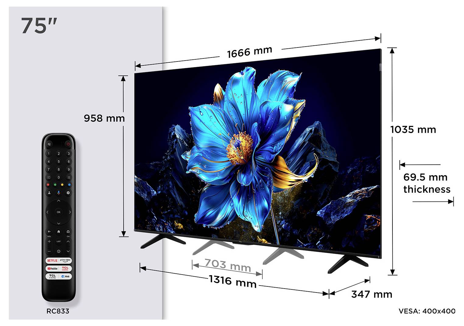 Een 75-inch TV met afmetingen: 1666 mm breedte, 958 mm hoogte, 69,5 mm dikte. Inclusief een afstandsbediening model RC833. VESA: 400x400.