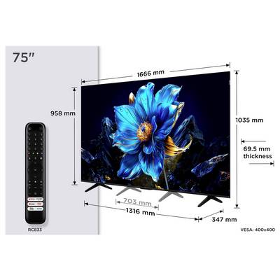 Een 75-inch TV met afmetingen: 1666 mm breedte, 958 mm hoogte, 69,5 mm dikte. Inclusief een afstandsbediening model RC833. VESA: 400x400.