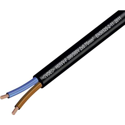 Vergroting van een zwarte elektrische kabel met twee blootgestelde koperen draden, blauw en bruin geïsoleerde geleiders, en gedrukte specificaties op de mantel.