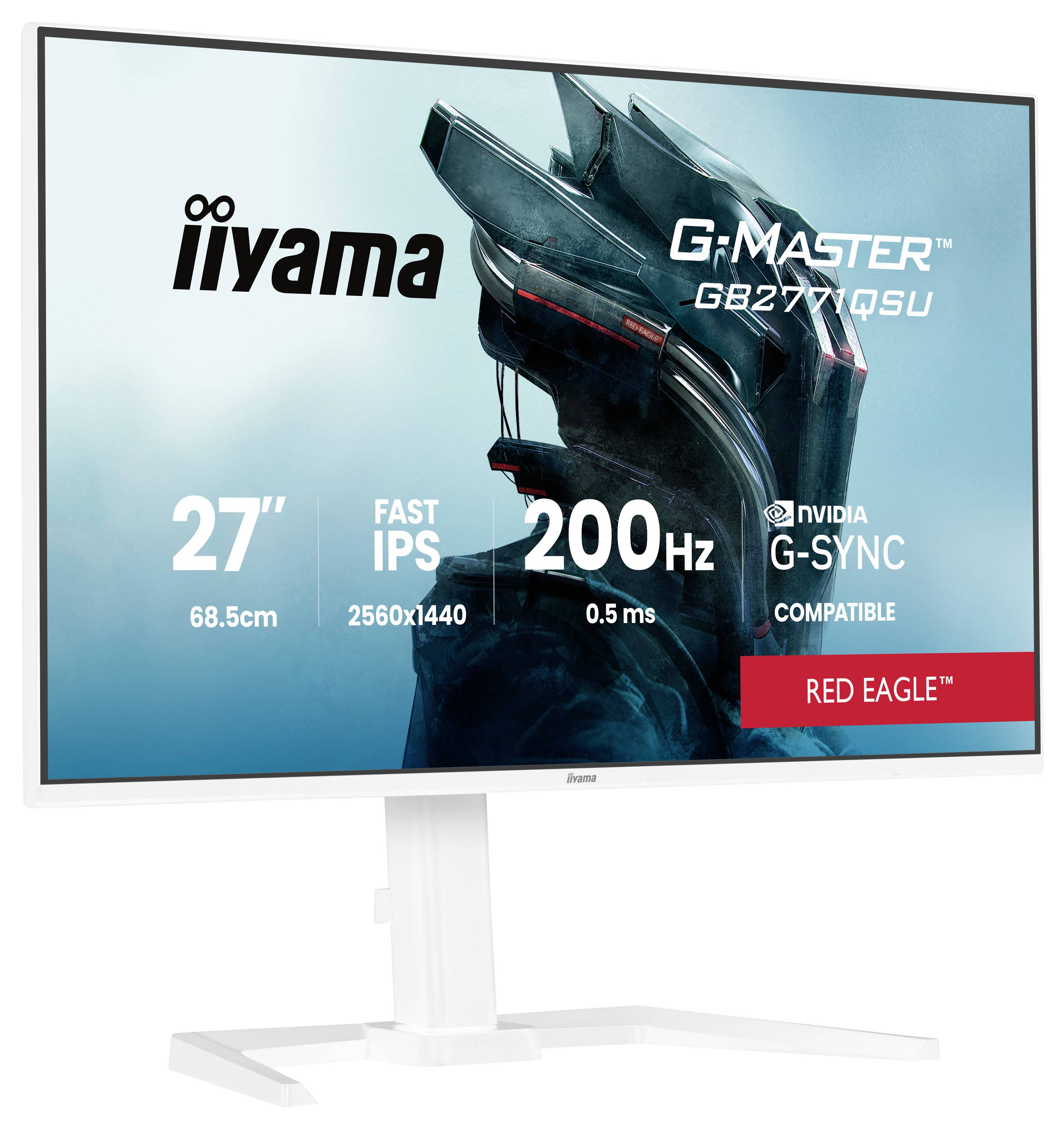 Monitor met afbeelding van een futuristisch helm. Tekst geeft aan: 'iiyama G-Master, 27" (68,5cm), Fast IPS, 2560x1440, 200Hz, NVIDIA G-Sync Compatible, Red Eagle'.
