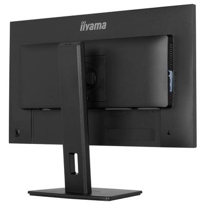 Een zwarte computermonitor van achteren bekeken, met een standaard en poorten zichtbaar. Het merk 'iiyama' is zichtbaar op de bovenkant.