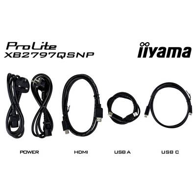 Kabels voor 'iiyama ProLite XB2797QSNP': stroomkabel, HDMI, USB A en USB C weergegeven in volgorde.