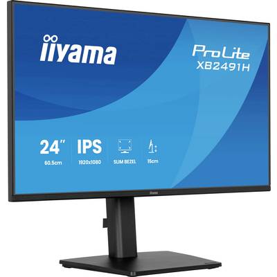 Iiyama ProLite XB2491H 24-inch IPS-monitor op een standaard weergegeven, met 1920x1080-resolutie en slanke rand-functies weergegeven op het scherm.