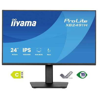 Een computermonitor met 'iiyama ProLite XB2491H' met kenmerken: 24-inch formaat, IPS, 1920x1080 resolutie, smal bezel, 15cm hoogte.