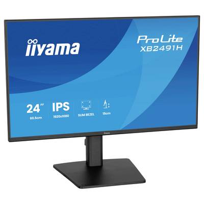 Een computermonitor met een blauw scherm en tekst: 'iiyama ProLite XB2491H', met de volgende functies: '24" scherm, IPS, 1920x1080 resolutie'.