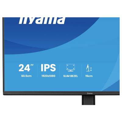'Iiyama monitor' met volgende specificaties: 24" schermgrootte, IPS-display, 1920x1080 resolutie, smal bezelsdesign en 15cm hoogte.