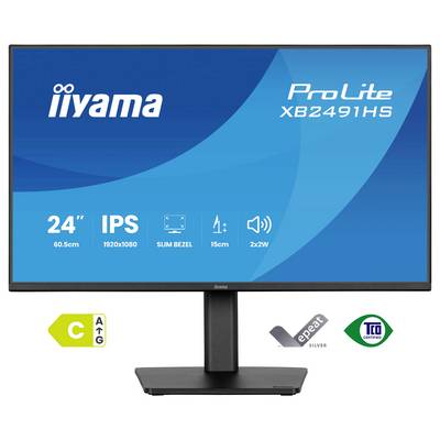 Vooraanzicht van een 24-inch Iiyama ProLite monitor met een smal schermkader, met IPS-technologie, full HD-resolutie en 2x2W-luidsprekers.