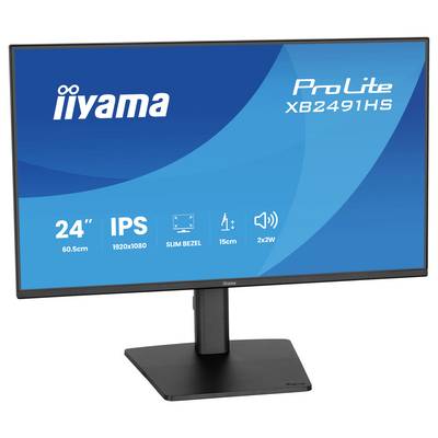 Een 24-inch iiyama ProLite XB2491HS monitor met IPS-technologie, smal bezel, 1920x1080 resolutie, 15 cm hoogteverstelbaarheid en 2x2W luidsprekers.