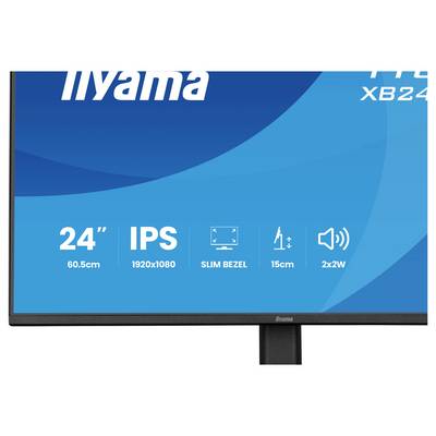 Monitorweergave met specificaties: 24" grootte, IPS-technologie, 1920x1080 resolutie, smal schermkader, 15 cm verstelbaar, 2x2W speakers.