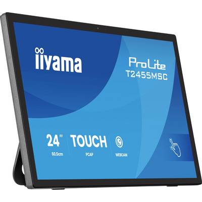 Afbeelding van een iiyama ProLite T2455MSC 24-inch aanraakmonitor, weergegeven onder een hoek op een standaard, met tekst op het scherm die aanraak-, PCAP- en webcamfuncties benadrukt.