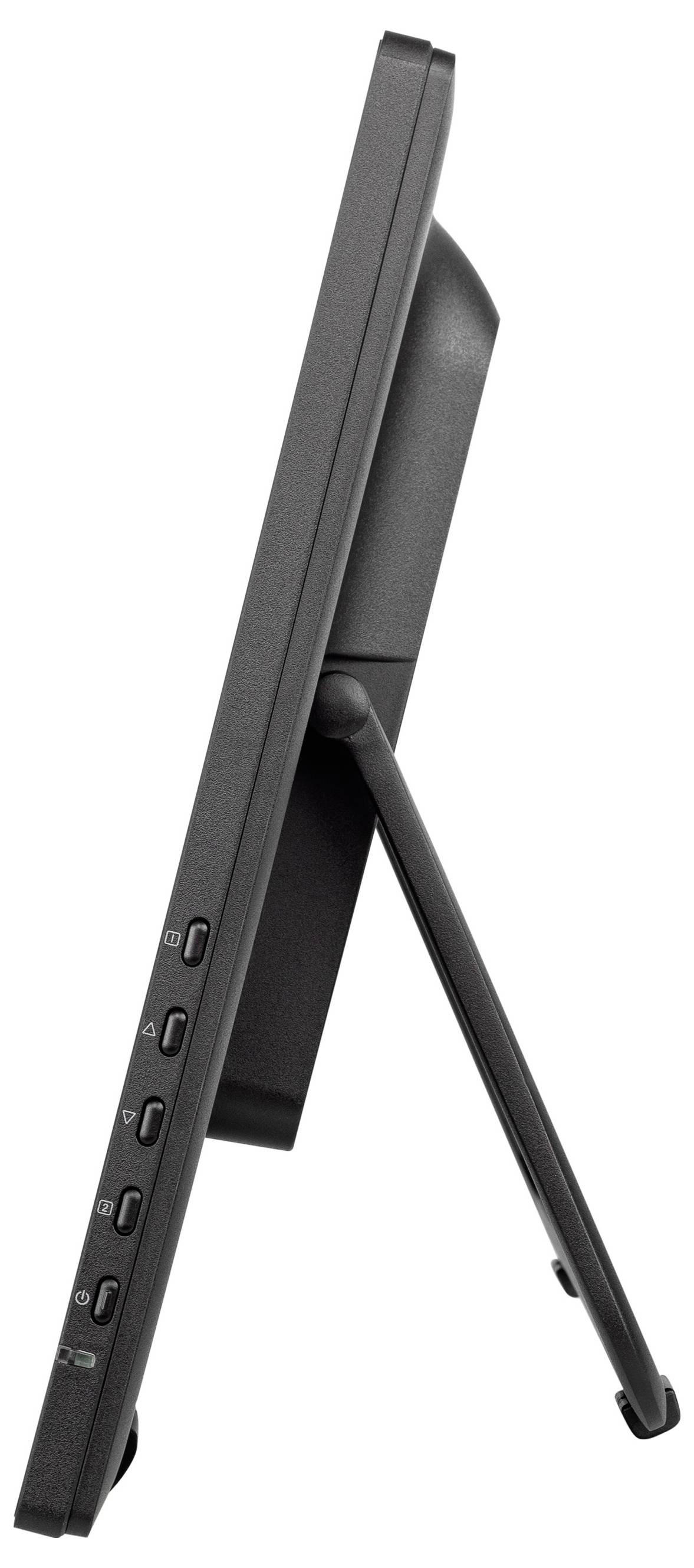 Zijkant van een slanke, zwarte monitor met zichtbare bedieningsknoppen, ondersteund door een achterste standaard.