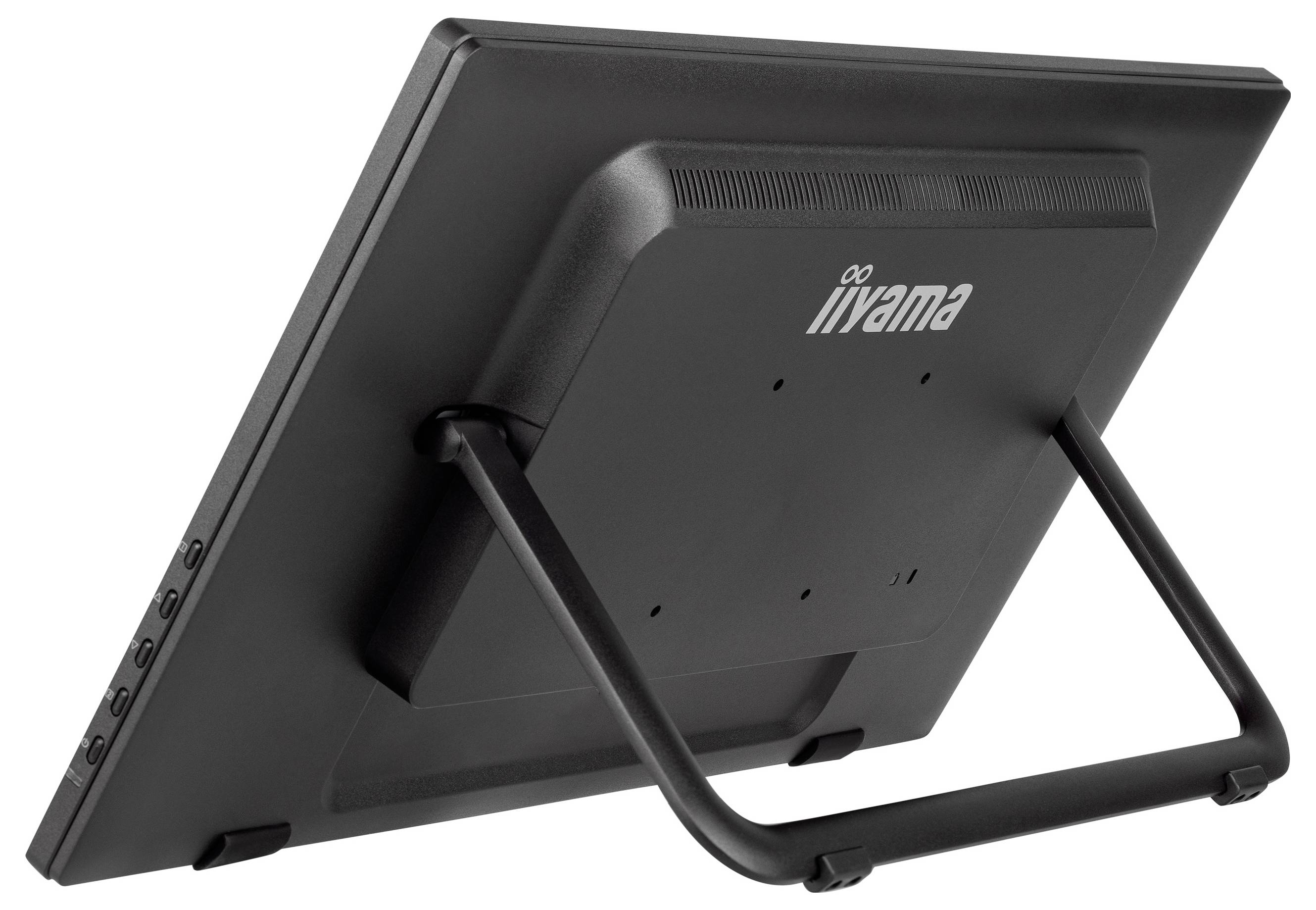 Een zwarte iiyama-monitor van achteren bekeken, met zichtbare standaard en achterwaartse bedieningselementen.
