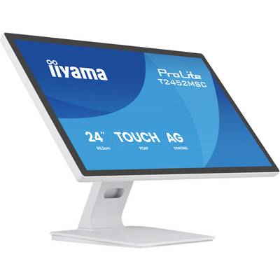 Iiyama ProLite T2452MSC 24-inch aanraakschermbewaker weergegeven op een wit statief, met 'TOUCH' en 'AG' tekst op het scherm.