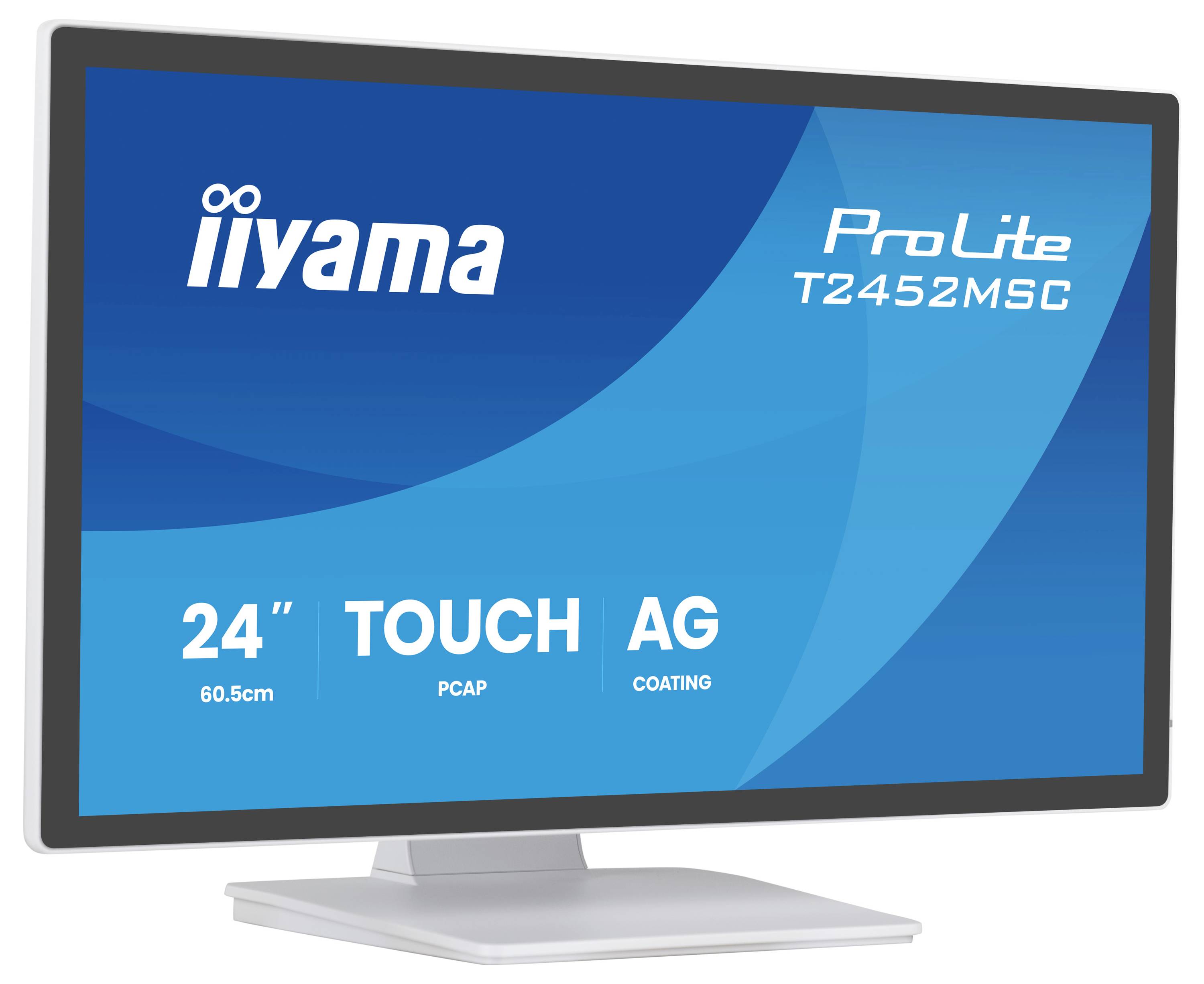 'Iiyama ProLite T2452MSC' monitor, 24 inch met aanraakfunctionaliteit, anti-glare coating en PCAP-technologie, weergegeven op een eenvoudig standaard.