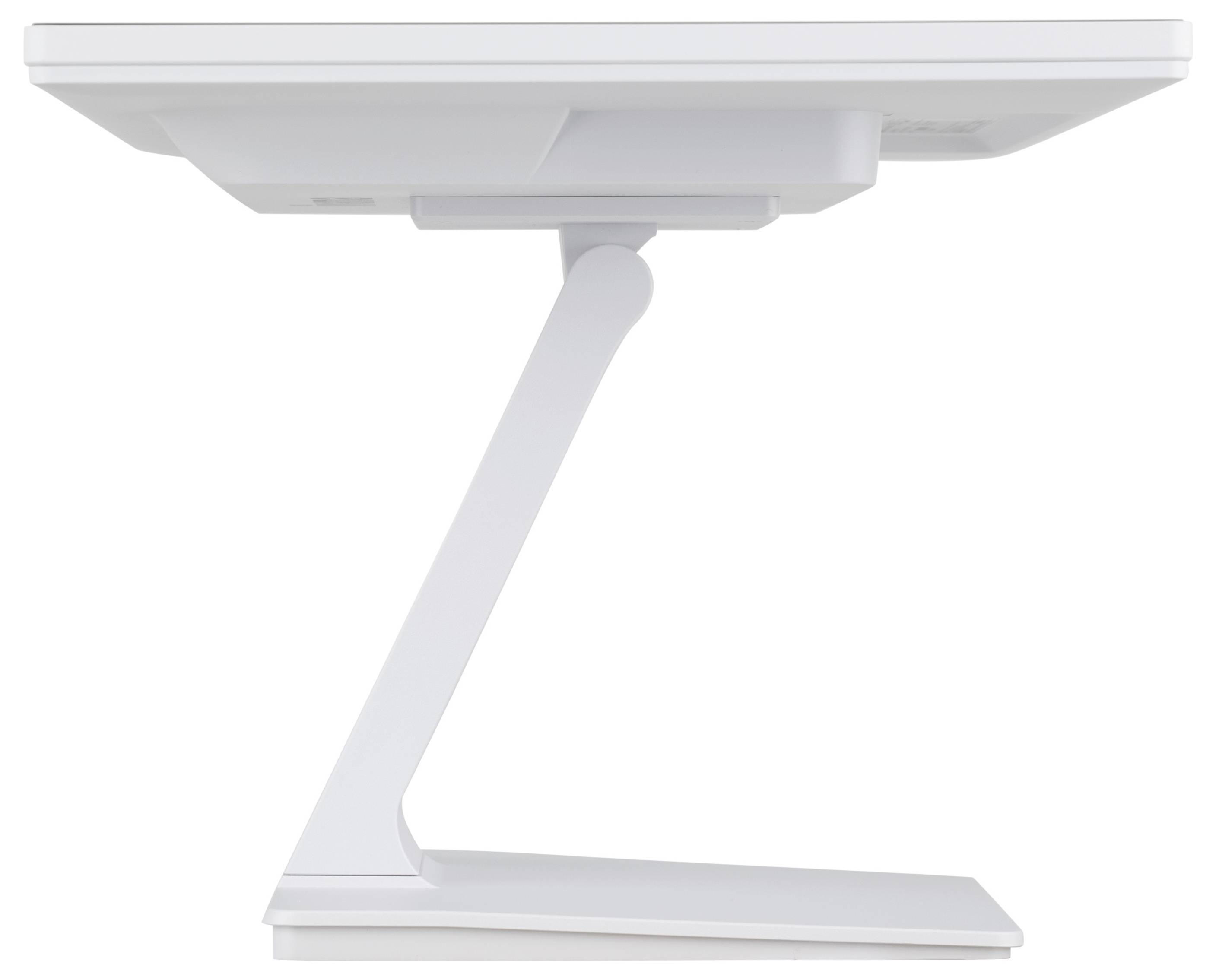 Zijkant van een modern wit elektronisch apparaat met een slanke, hoekige standaard, mogelijk een monitor of beeldscherm.