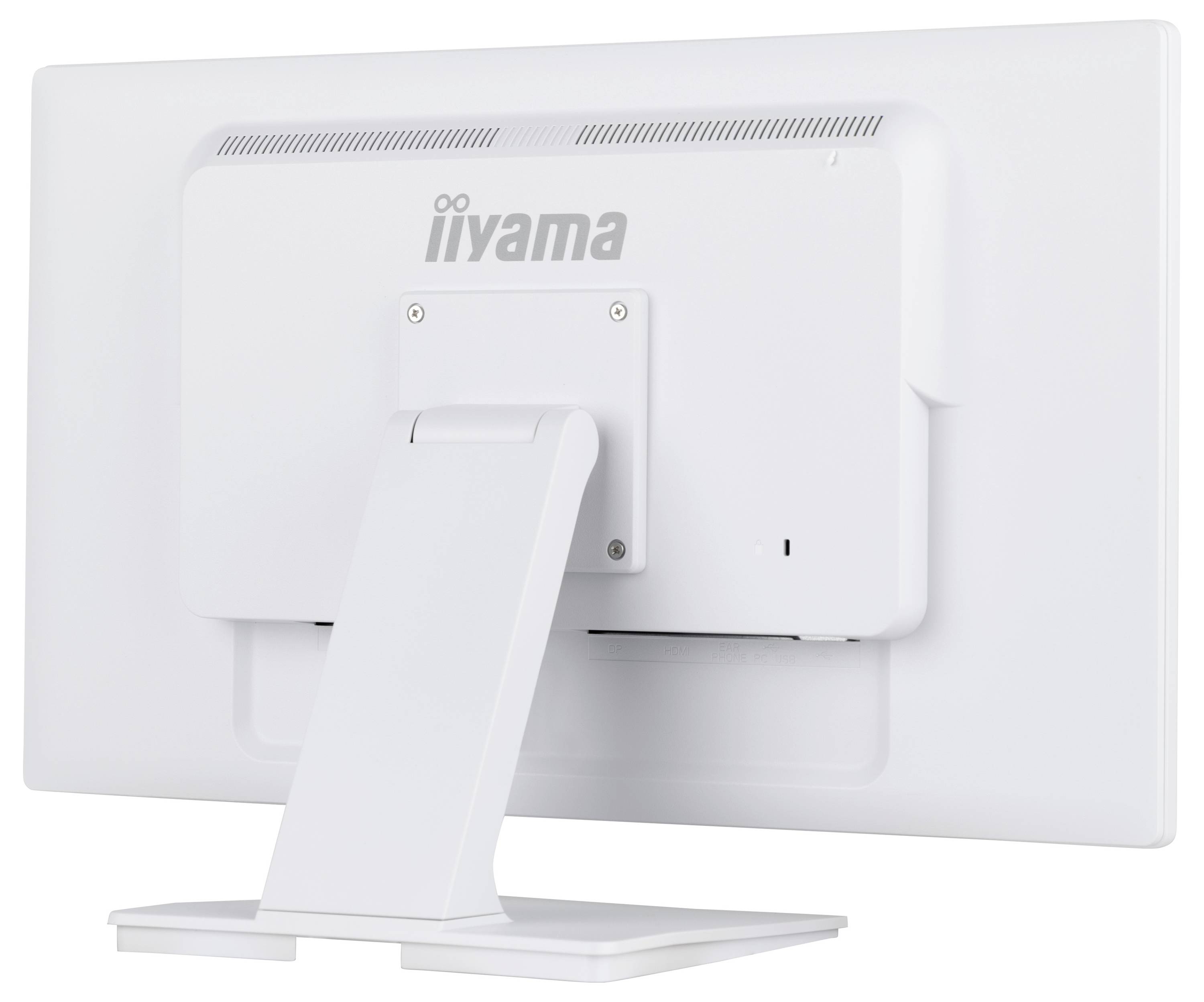 Een witte computermonitor van achteren gezien, met de merknaam 'iiyama' en een stevig statief.