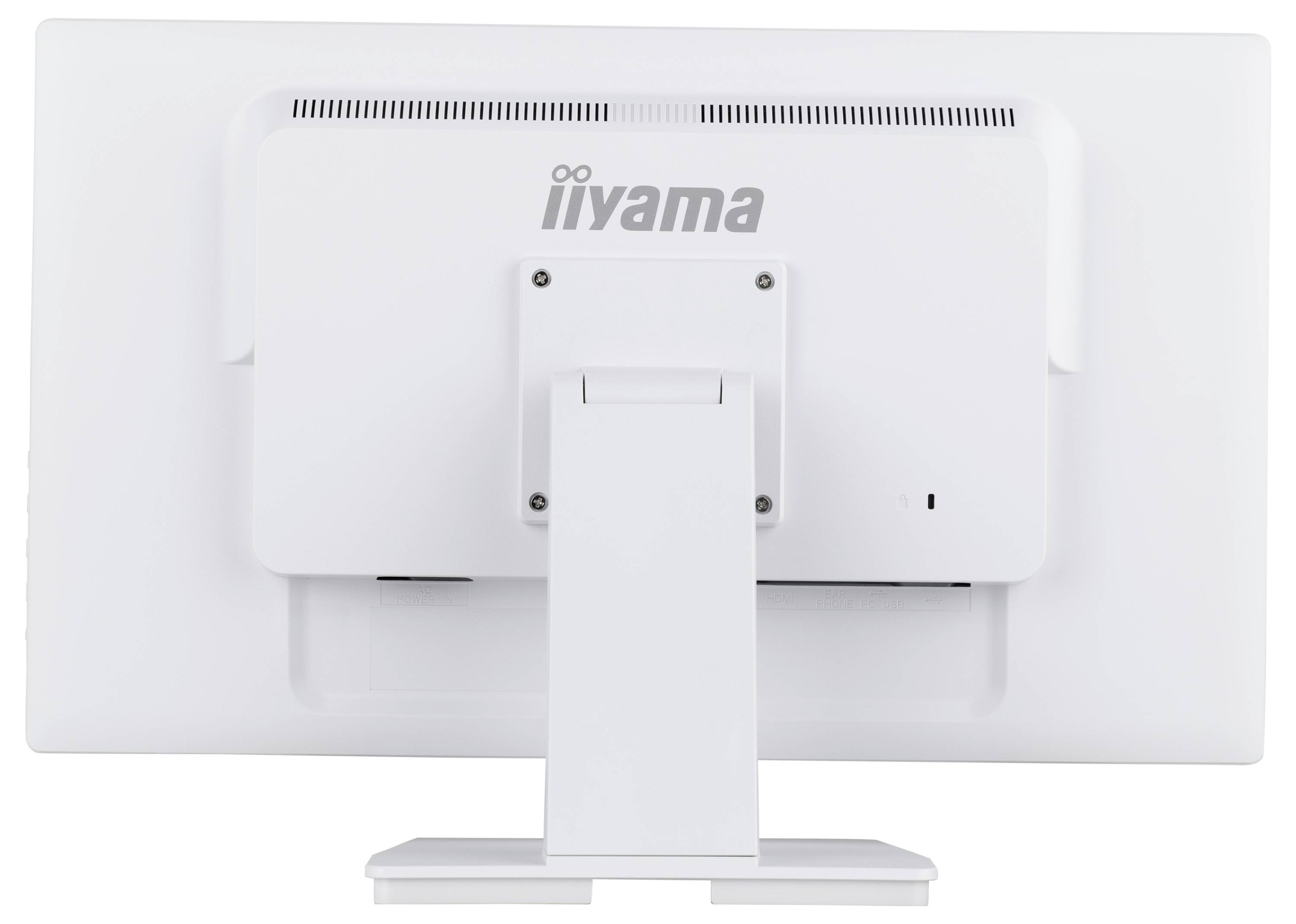 De afbeelding toont de achteraanzicht van een witte iiyama computermonitor met een rechthoekig standaard. Het merklogo is zichtbaar in het midden bovenaan.