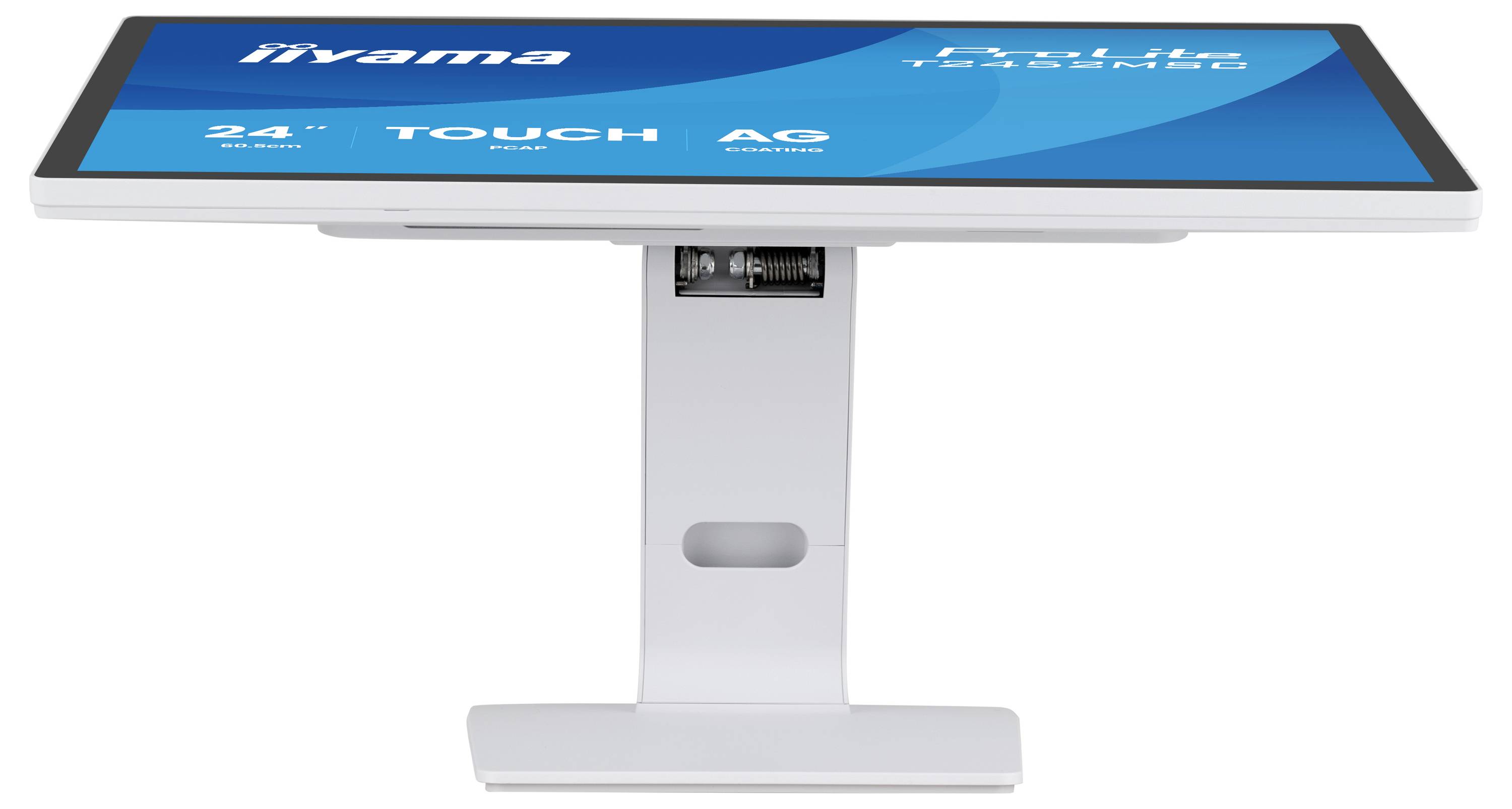 'Een witte 24-inch aanraakmonitor met blauw scherm met het merklogo iiyama en functies, waaronder aanraakpaneel en AG-coating.'