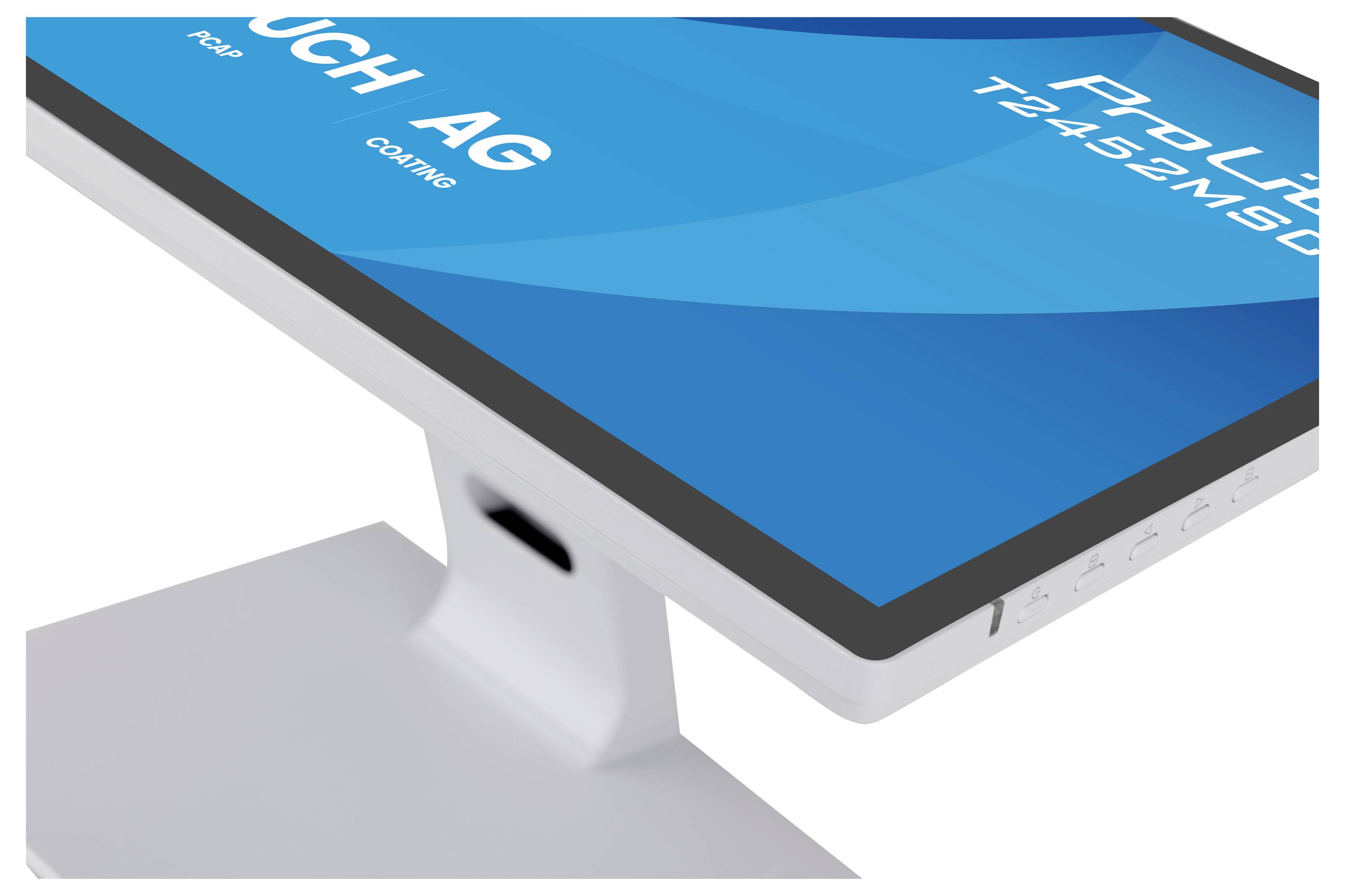 Een modern scherm met platte schermen met een blauw scherm met hardwaremodel details en merkinformatie. Het zicht richt zich op de basis van het scherm en de kantelhoek.
