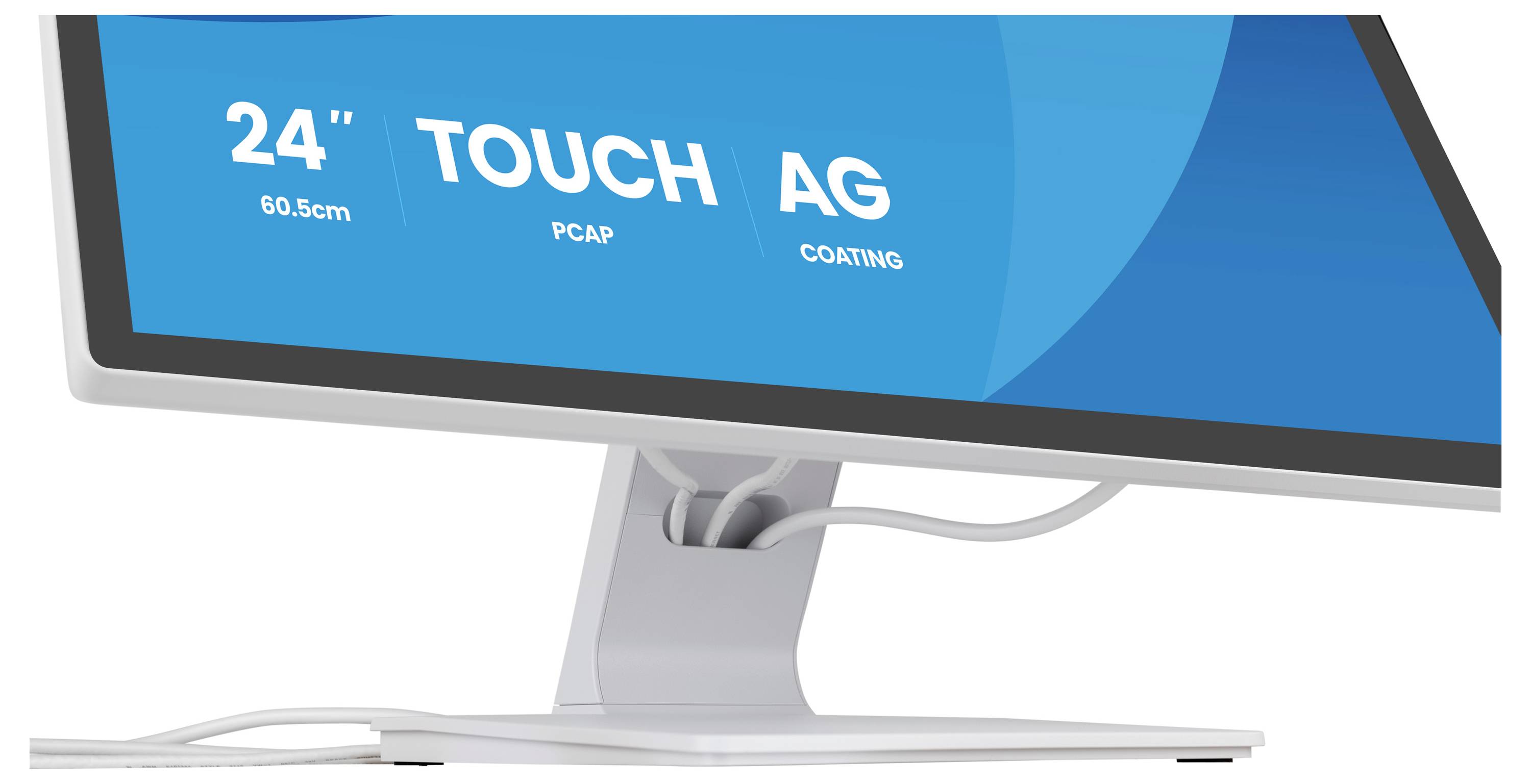 Een witte aanraakschermonitor met '24" Touch AG Coating' op het scherm weergegeven, met een minimalistische ontwerp en kabelverbinding.