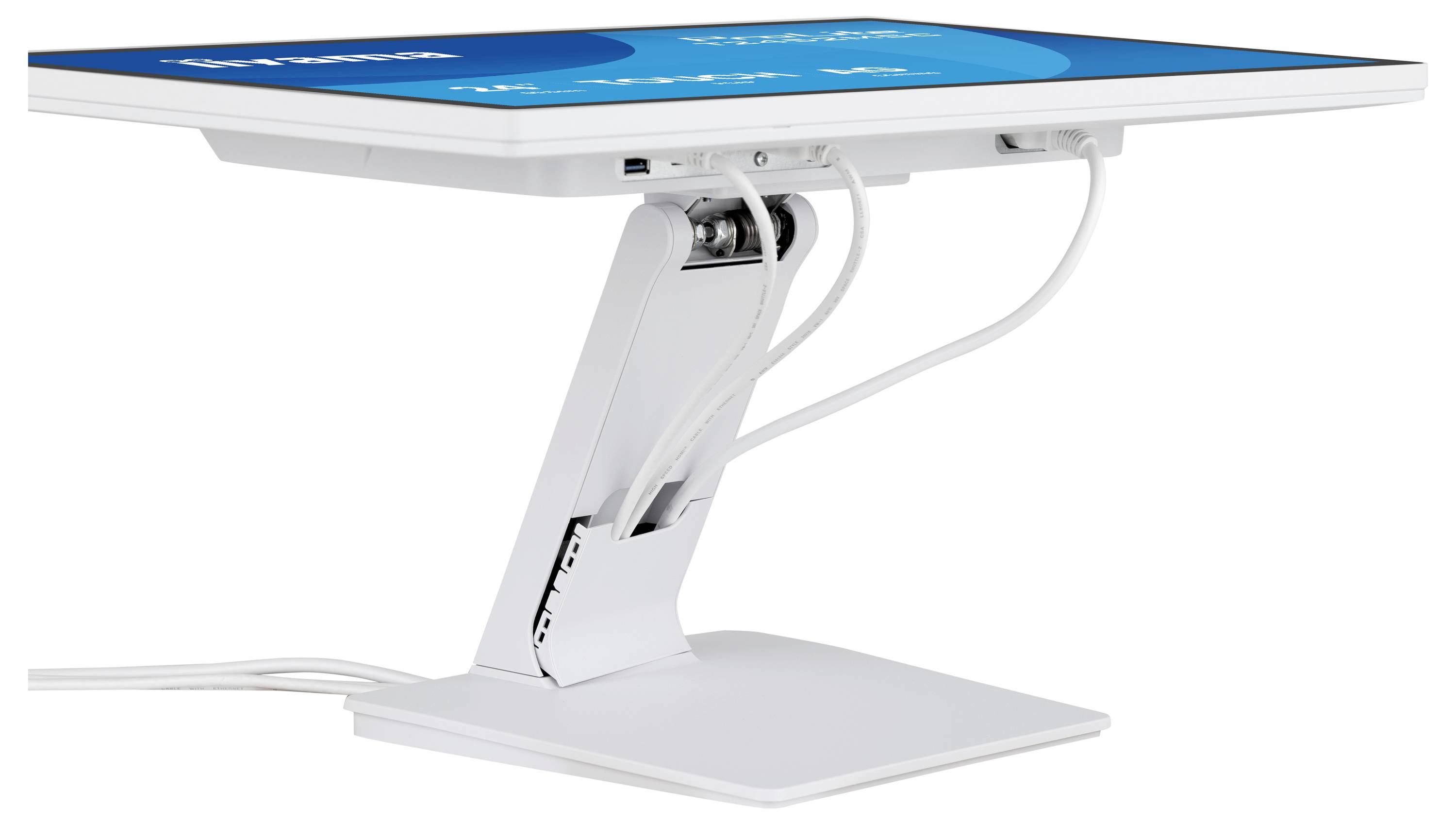 Een tablet met een witte standaard, verbonden via kabels, met een blauw scherm. De standaard heeft een kantelingsmechanisme voor verstelbare weergave.