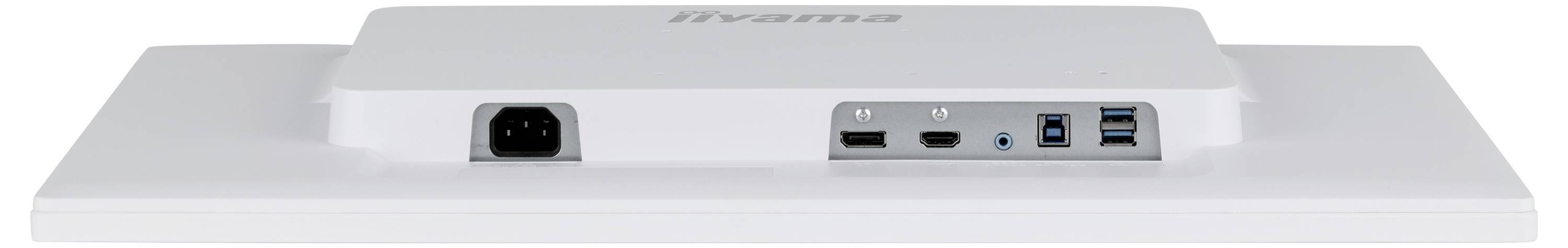 Achterkant van een witte monitor met stroomaansluiting, HDMI, DisplayPort, USB-poorten en 'iiyama' branding aan de bovenkant.
