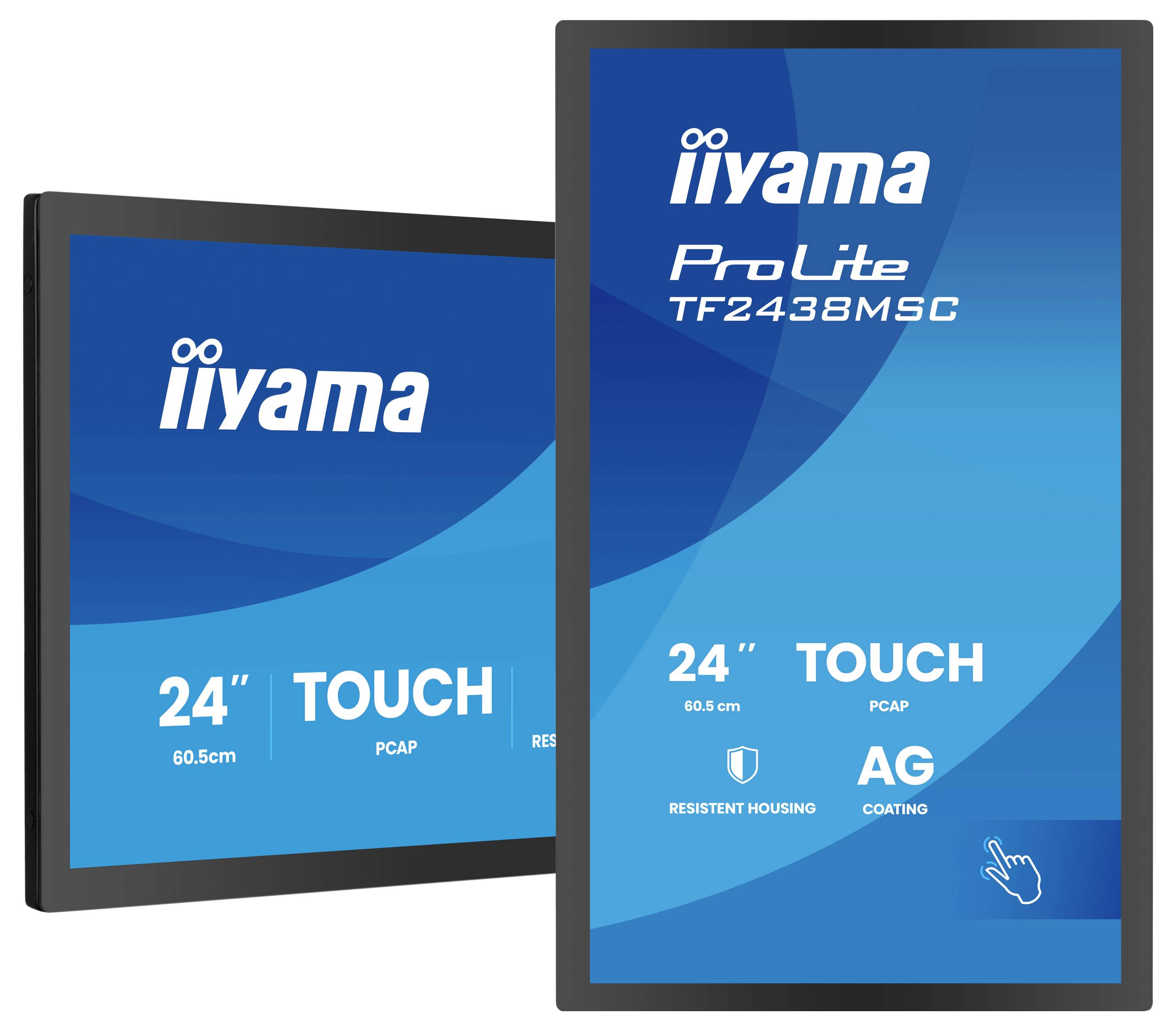 Twee touchscreen monitoren weergegeven onder verschillende hoeken. Tekst op de schermen leest: 'iiyama ProLite TF2438MSC, 24" TOUCH, PCAP, AG Coating, Resistant Housing'.