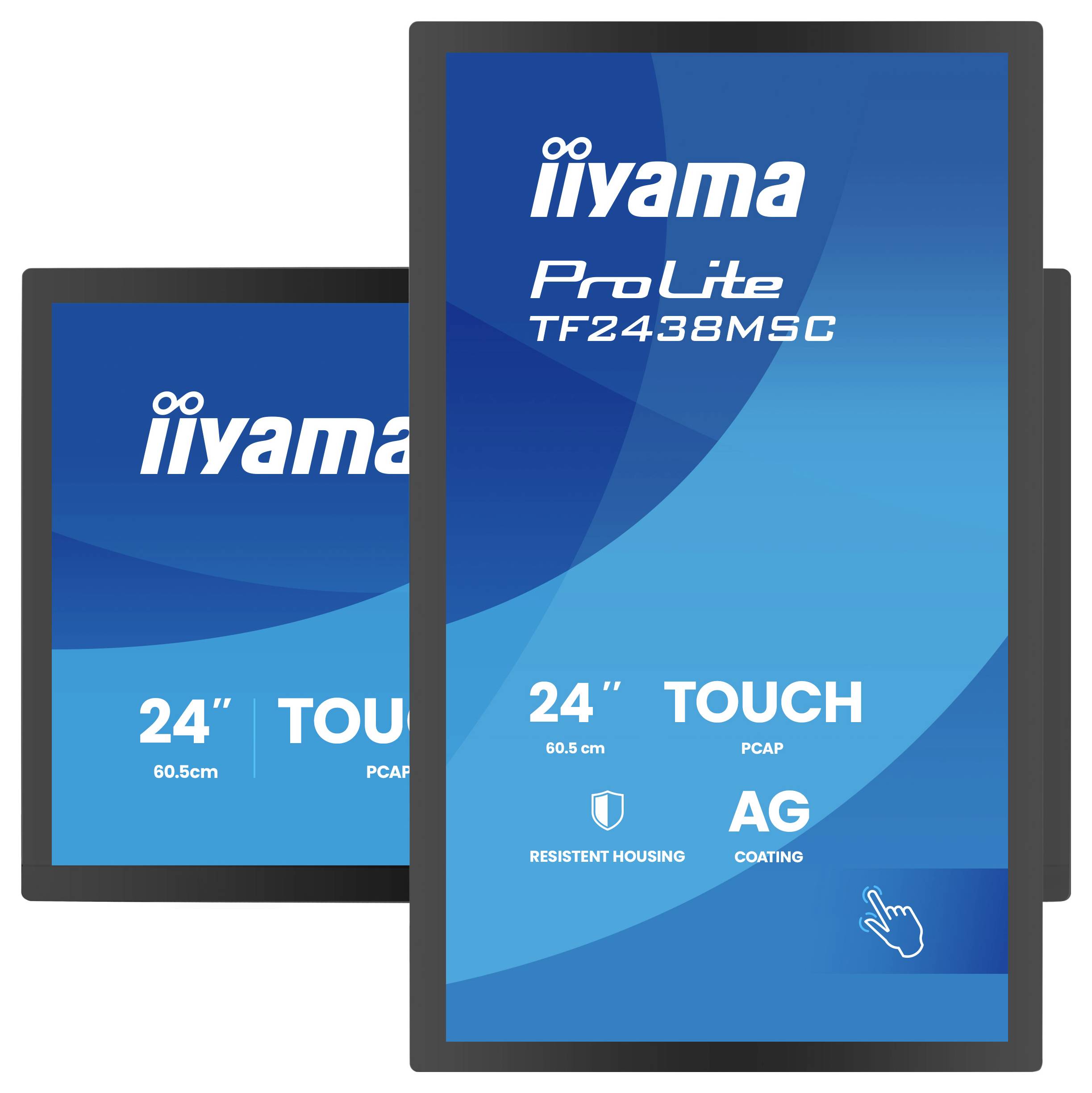 Twee zwarte touchscreens met frame tonen functies: '24-inch PCAP touch, AG-coating, resistente behuizing.' Blauwe achtergrond met merklogo.