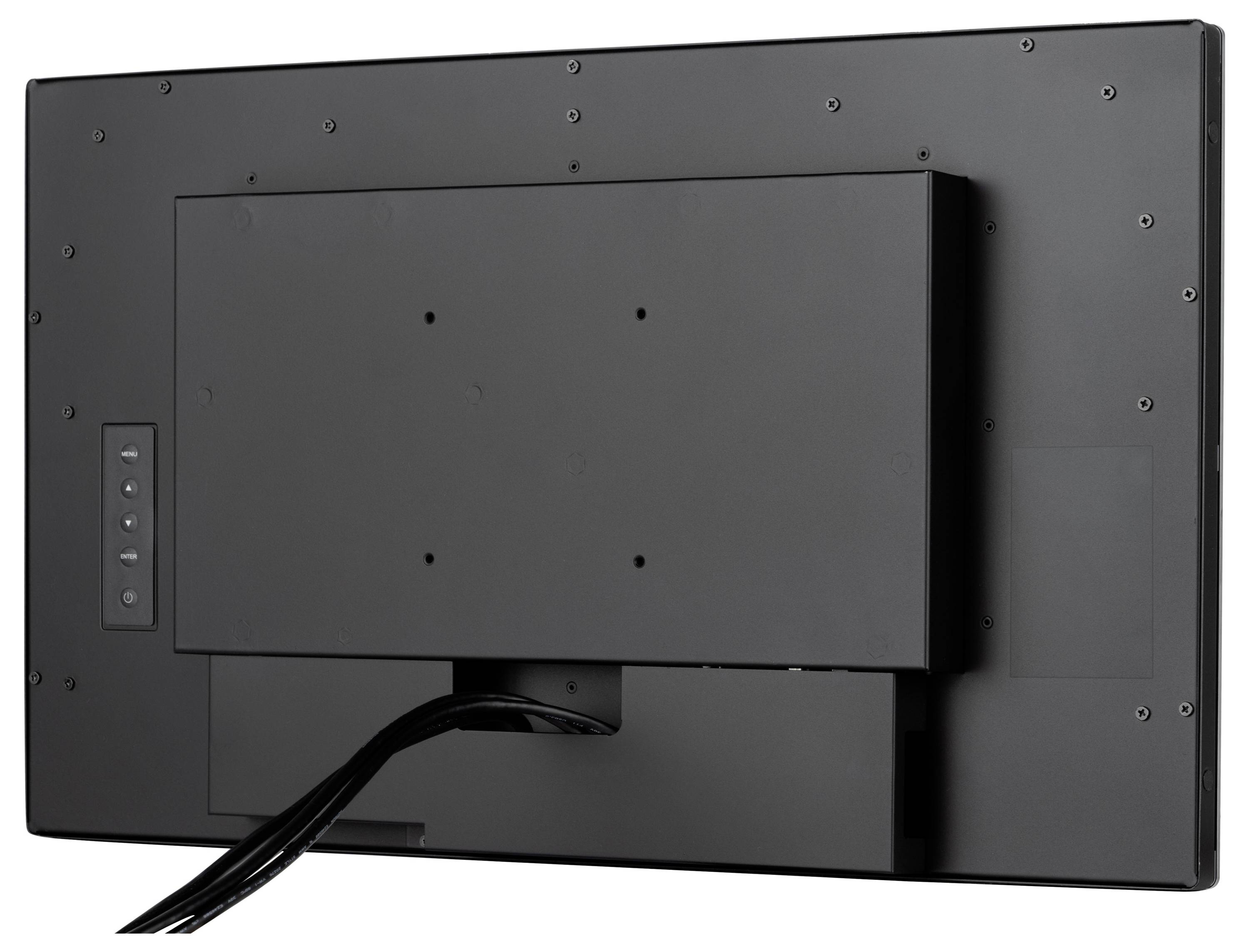 Achterkant van een flatscreen-tv met verschillende kabelverbindingen en een bedieningspaneel met knoppen aan de linkerkant.