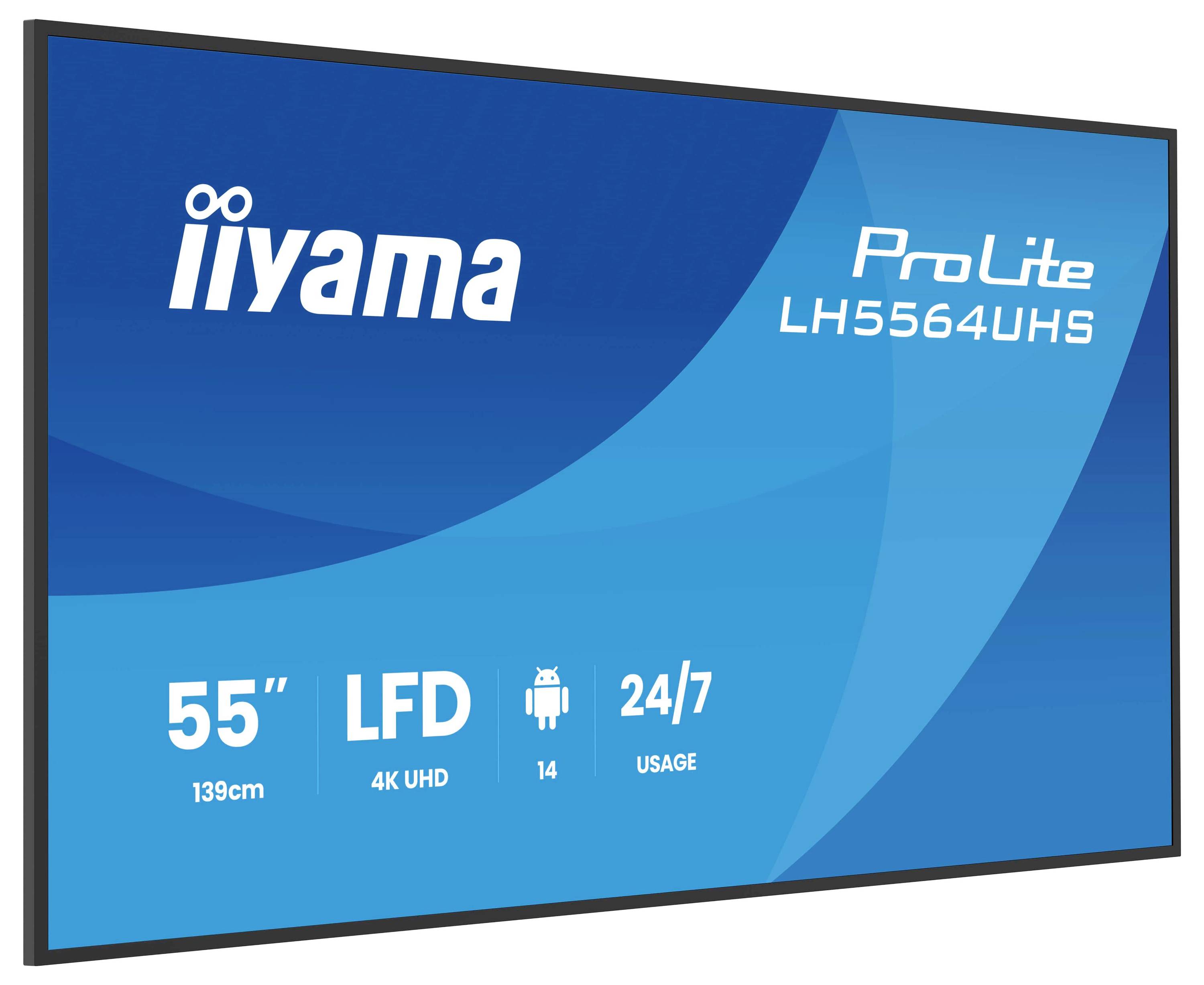 Beeldscherm met showcase 'iiyama ProLite LH5564UHS', 55 inch, 4K UHD, ontworpen voor 24/7 gebruik, voorzien van een Android-besturingssysteem.