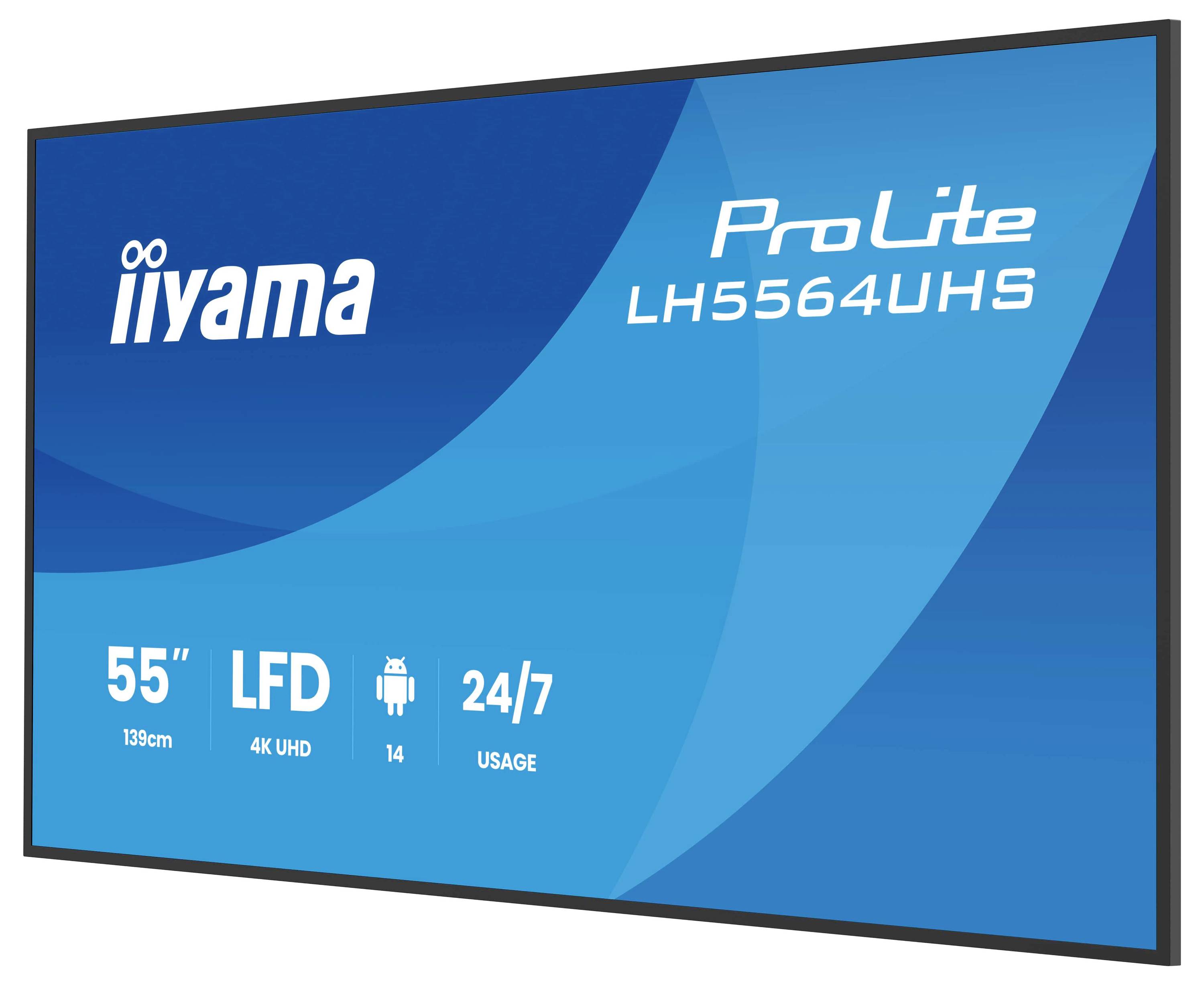 Digitaal beeldscherm met 'iiyama ProLite LH5564UHS'. Functies: 55 inch, 4K UHD, Android, ontworpen voor 24/7-gebruik.