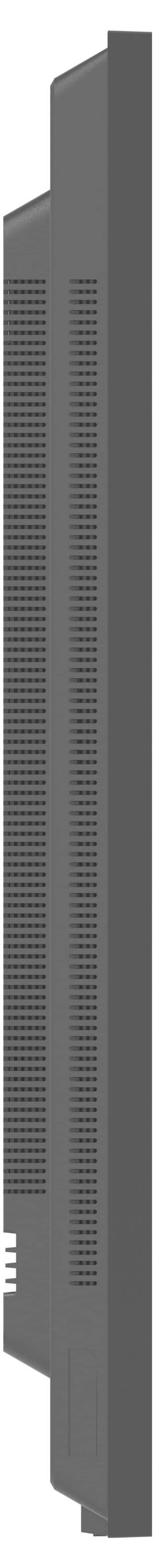 'Zijkant van een hoog, grijs, rechthoekig elektronisch apparaat met verticale ventilatieopeningen aan de zijkant, mogelijk een computertower of server.'