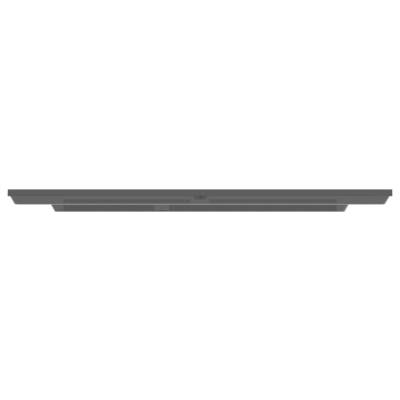 Een close-up weergave van een donkergekleurde soundbar, met zijn luidsprekergril en slanke ontwerp in het zicht.