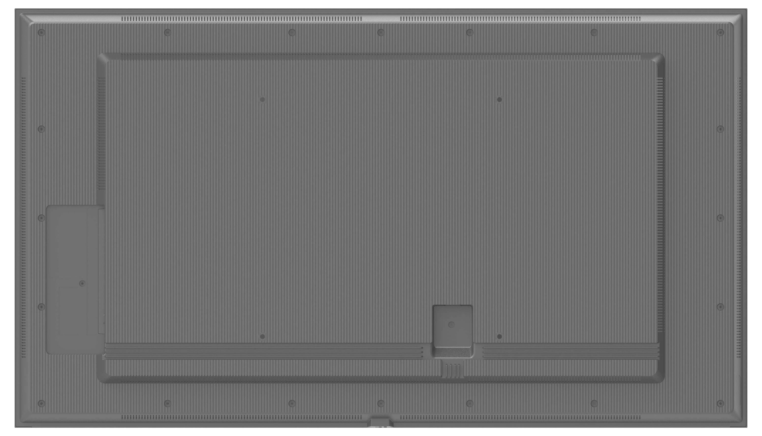 Achteraanzicht van een flatscreen televisie met bevestigingsschroefgaten en ventilatieopeningen.