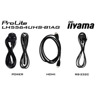 'ProLite iiyama LH5564UHS-B1AG' met inbegrepen kabels: stroom, HDMI en RS-232C.