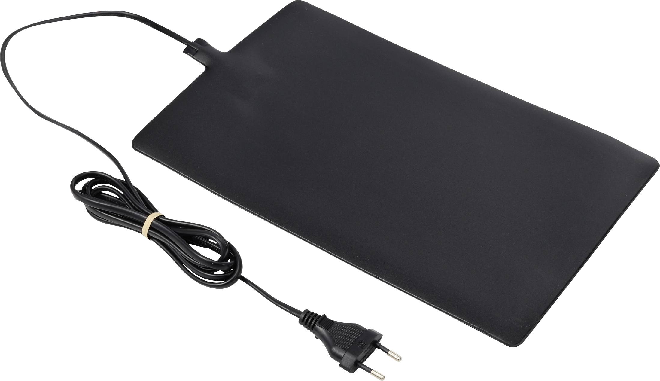 Zwart rechthoekig elektrisch verwarmingskussen met bevestigde voedingskabel en stekker, weergegeven op een witte achtergrond.