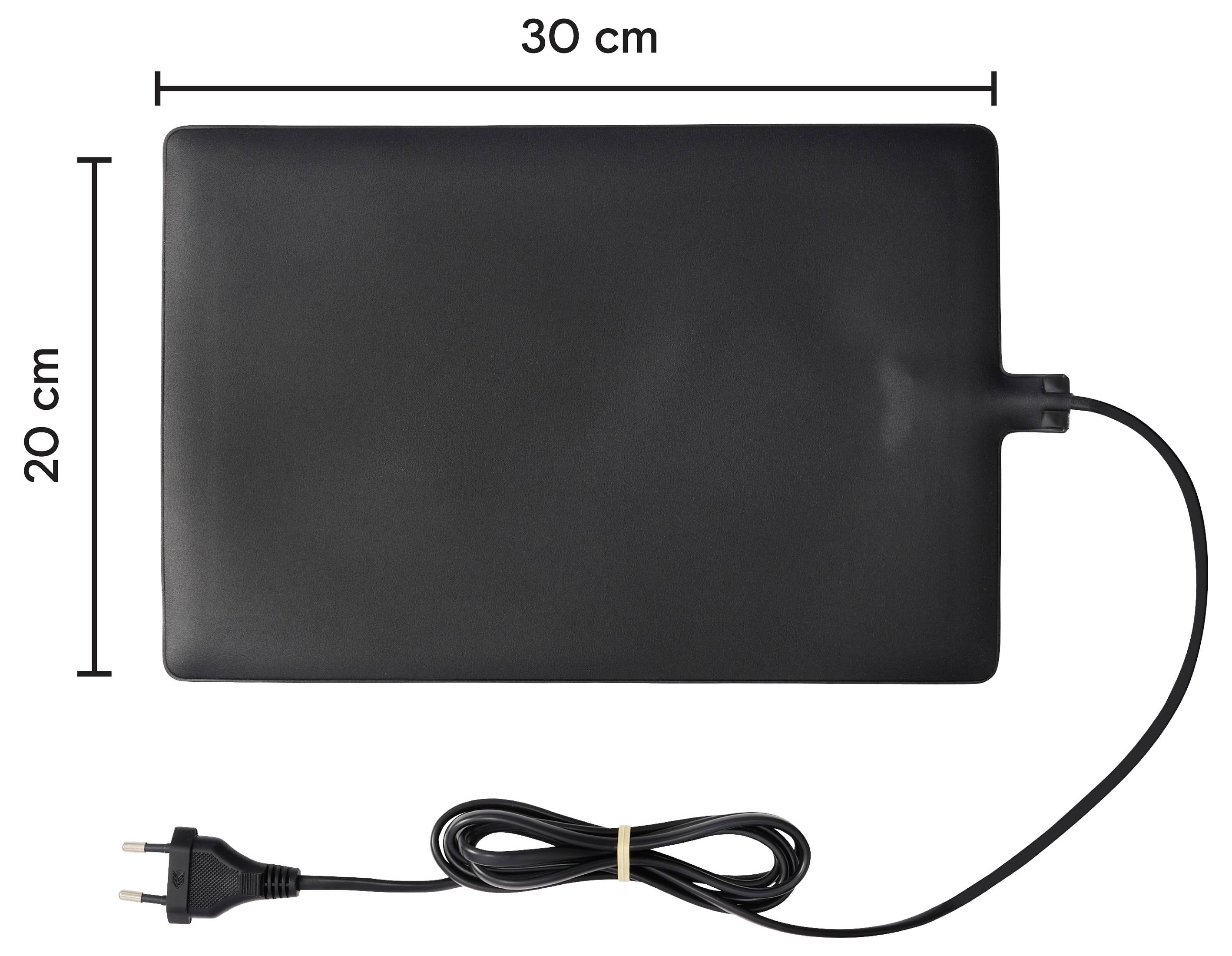 Zwart rechthoekig elektrisch verwarmingskussen, 30 cm bij 20 cm, met aangesloten stroomsnoer en stekker.