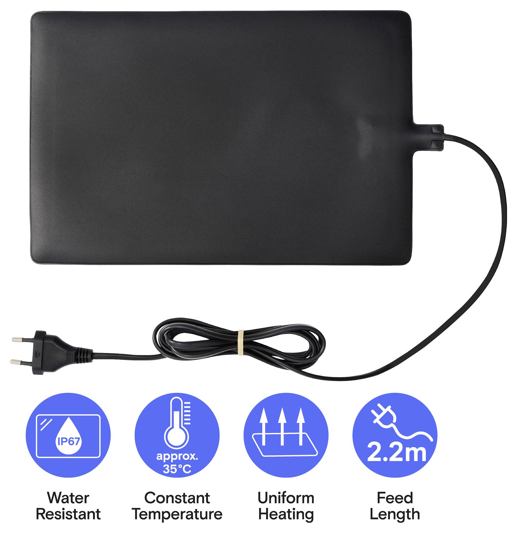 Zwart rechthoekig elektrisch verwarmingsmat met snoer, gelabeld waterdicht, ongeveer 35°C constante temperatuur, uniforme verwarming en 2,2 m voedingskabellengde.
