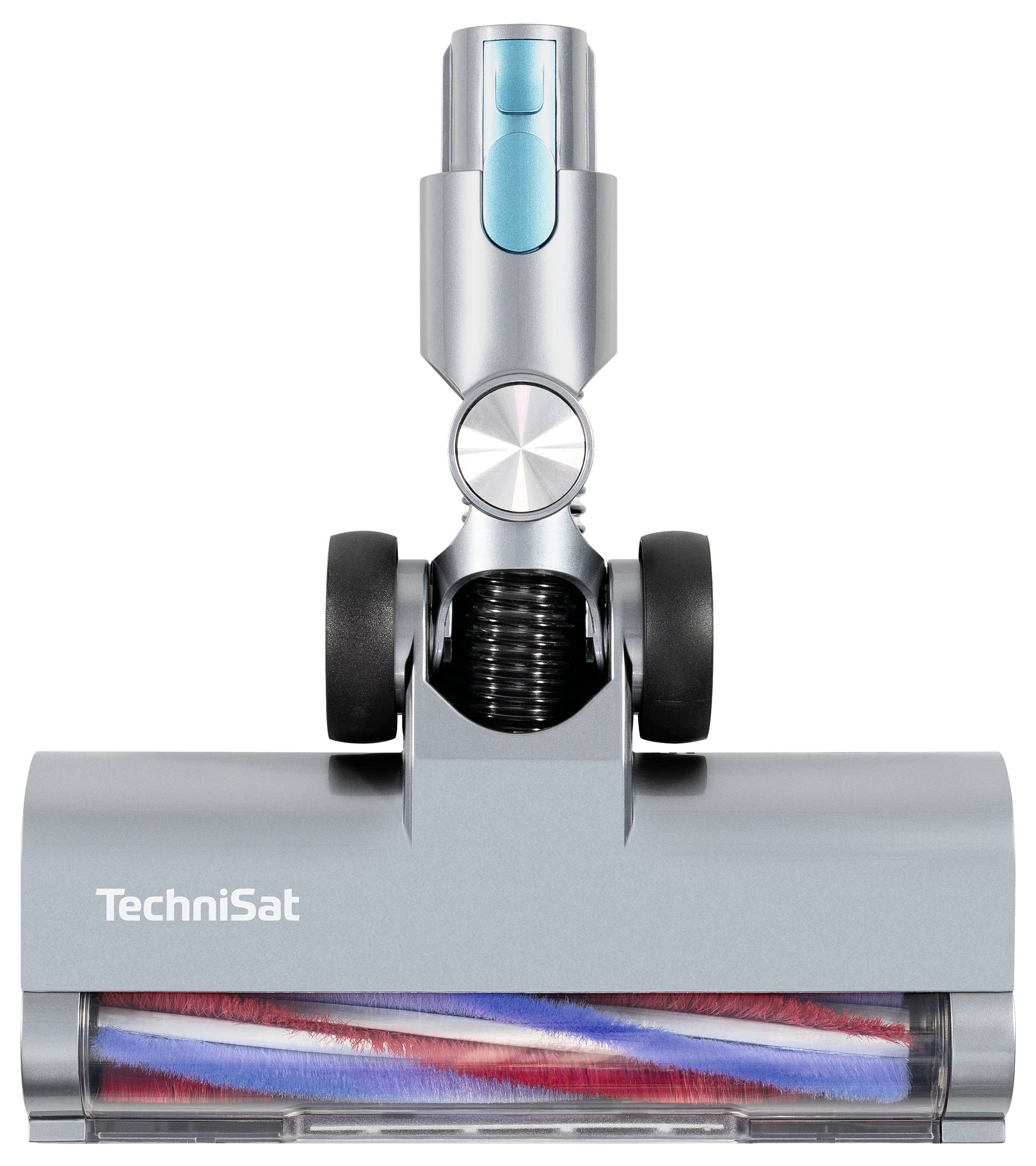 Een stofzuigerkop met draaiende borstel, merk 'TechniSat', voorzien van wielen en een centrale connector voor bevestiging.