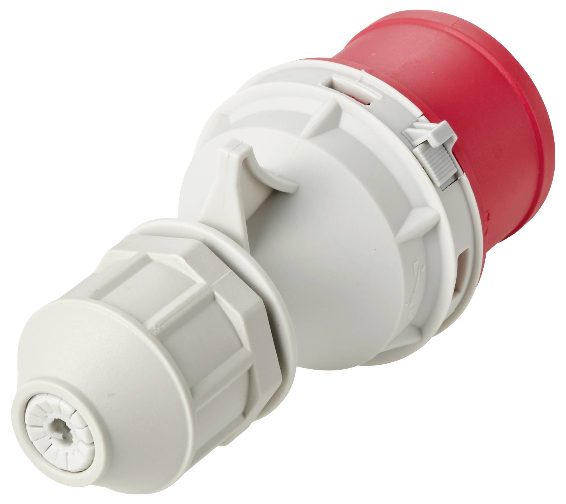 Close-up van een rood en wit industrieel elektrisch stekkerconnector op een witte achtergrond.