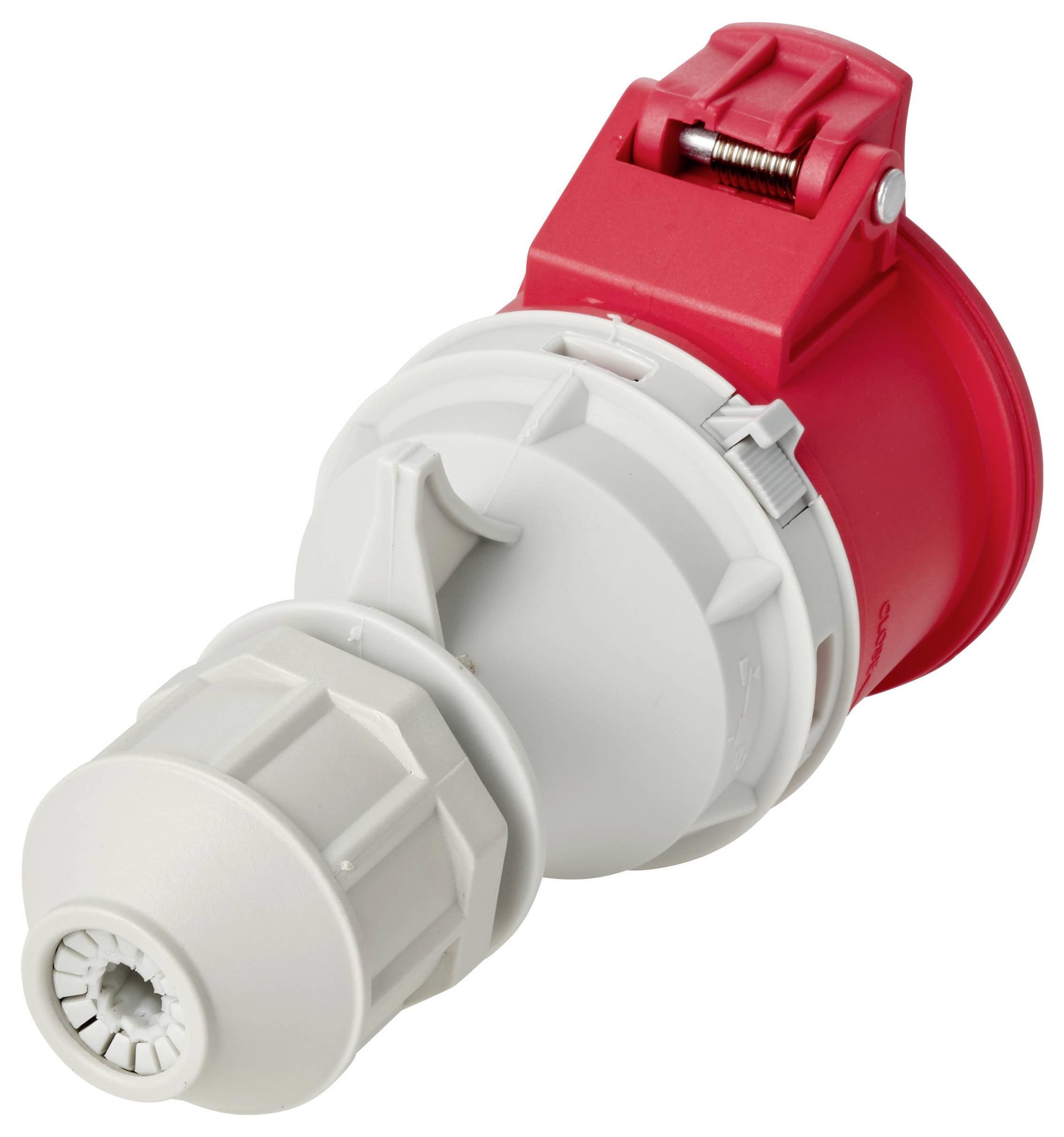 Rode en grijze industriële elektrische stekkerconnector op een witte achtergrond, weergegeven in close-up.
