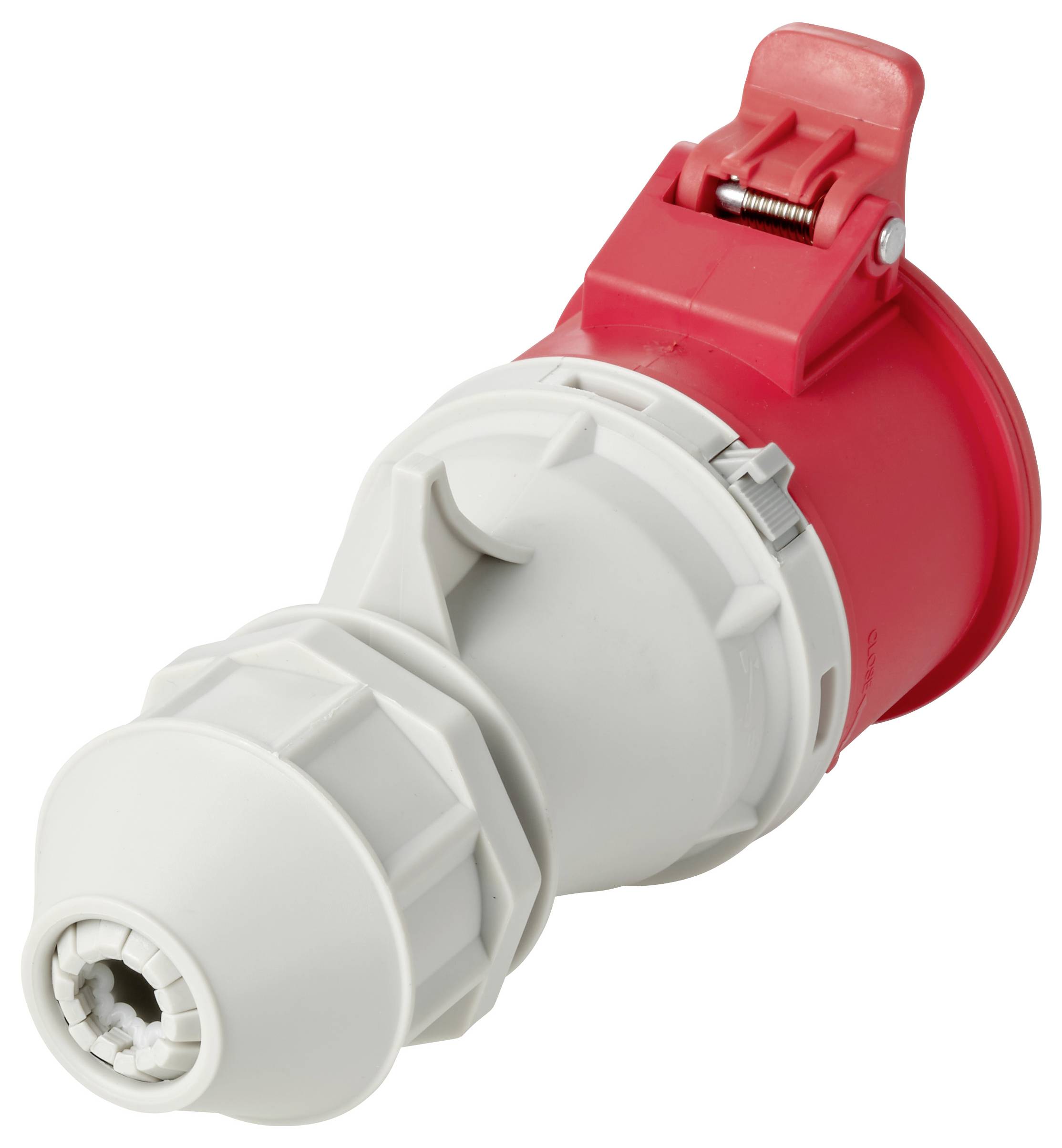Rode industriële elektrische stekkeradapter met een grijze hoekige connector op een witte achtergrond.