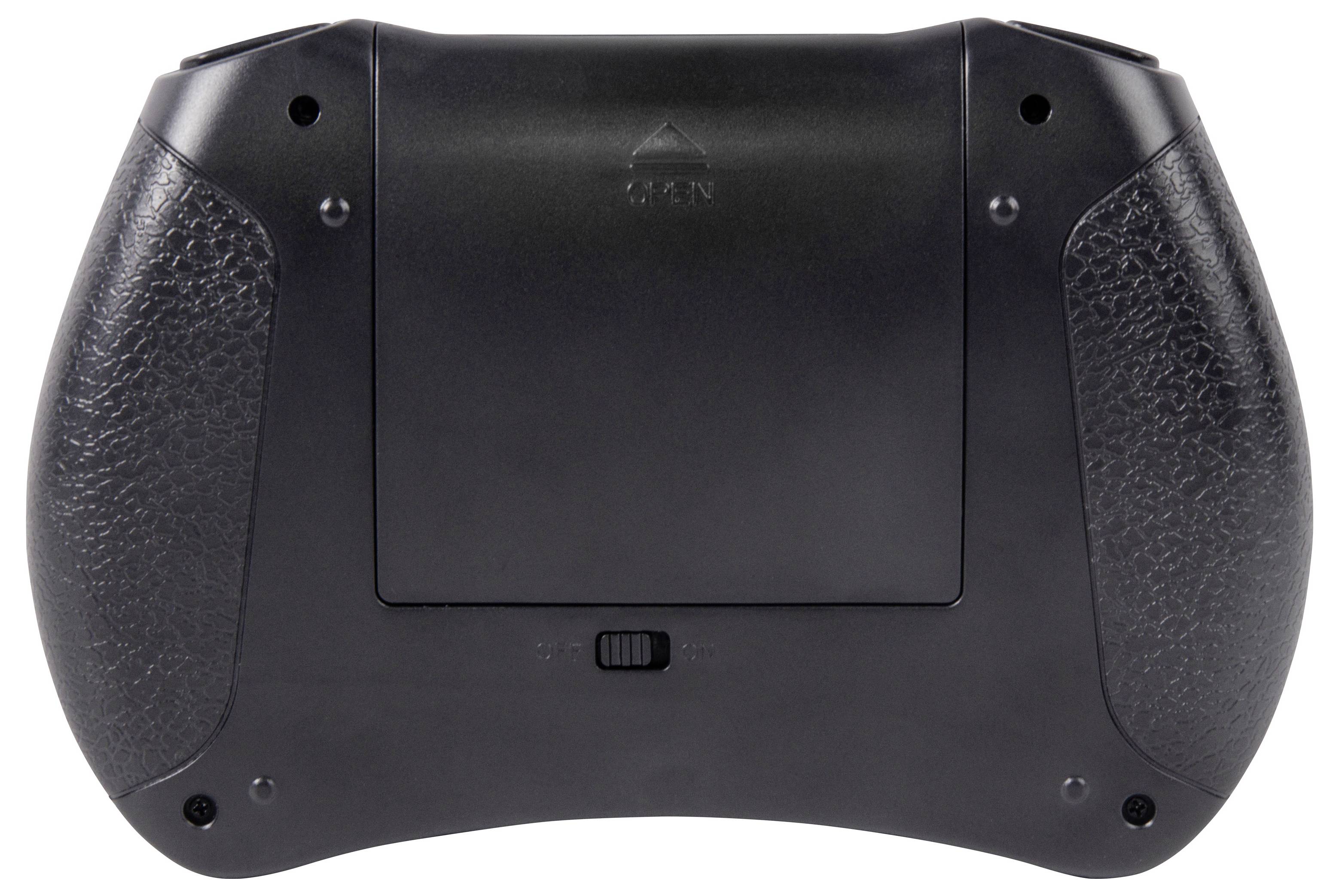 Achterkant van een zwarte handheld-gamecontroller met gestructureerde grepen en een centrale batterijcompartimentdeur.