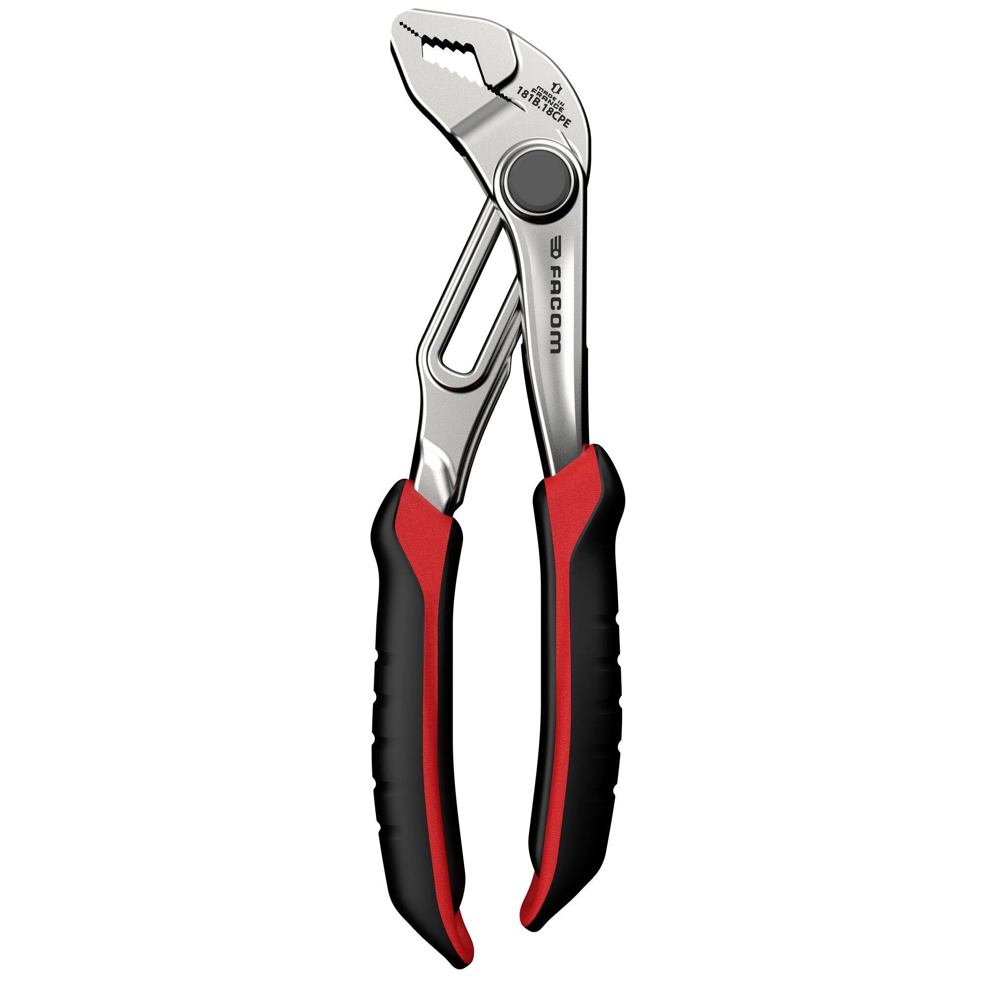 Een paar verstelbare tang met rode en zwarte rubberen handvaten, ontworpen voor sterke grip en veelzijdig gebruik bij mechanische werkzaamheden.